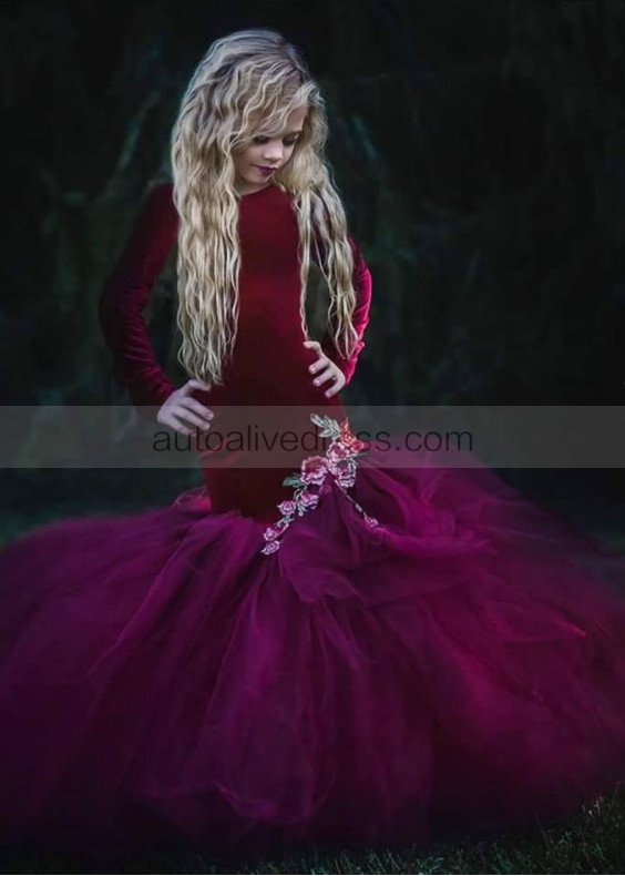 Burgundy Velvet Mermaid Flower Girl Dress